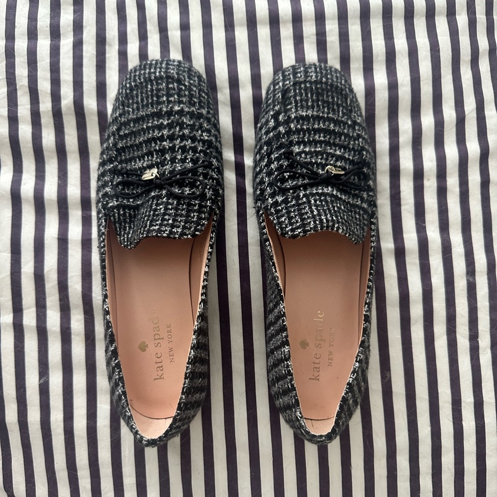Kate Spade Black and White Tweed Loafers